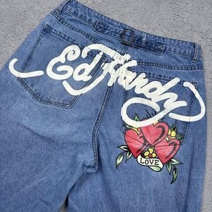 Ed Hardy Denim Jeans Mens 32x32 Blue Wide Leg Tattoo Graphic Love Hearts Buckle